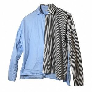 Planet by Lauren G Women Shirt‎ Blue 1 Striped Colorblock Cotton Boxy USA Lagen